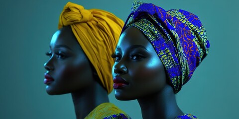Obraz premium Two women wearing colorful head scarves stand side by side. The women are wearing bright colors and seem to be posing for a photo