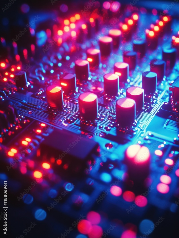 Poster close up of a circuit board with many small red buttons. the image has a futuristic and technologica