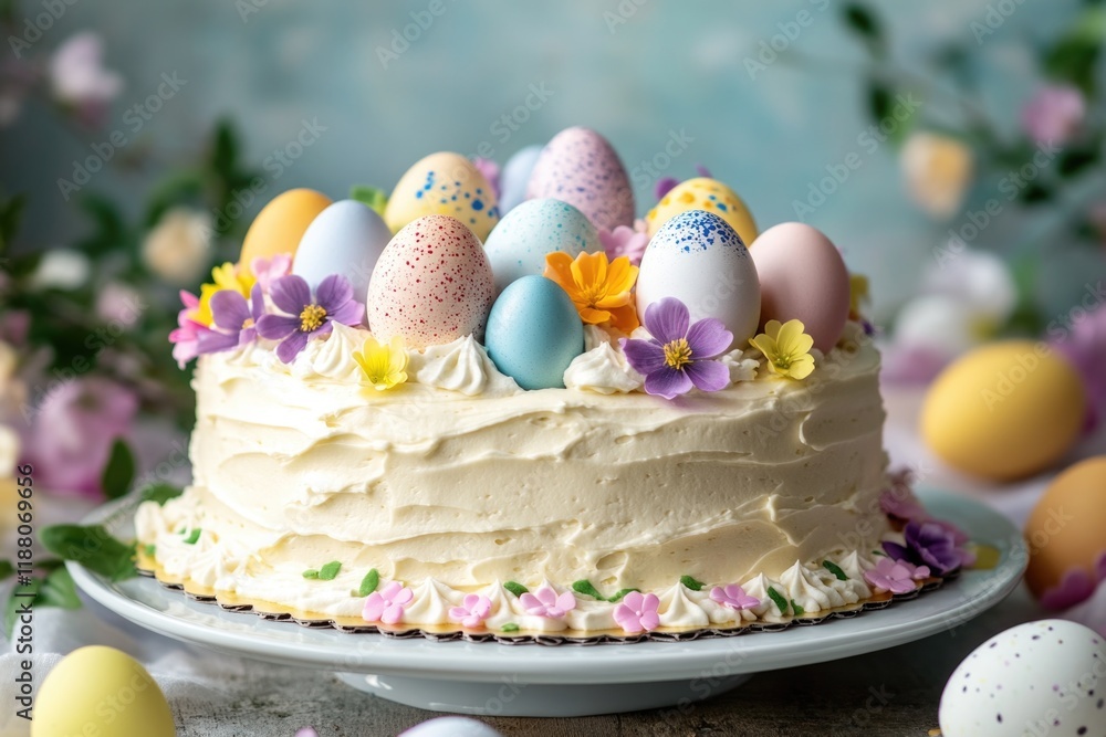 Poster cake with a white frosting and colorful eggs on top. the eggs are of different colors and sizes, and