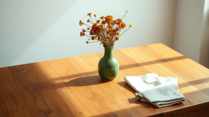 A Simple Arrangement of Dried Flowers in a Green Vase on a Wooden Table with a White Napkin in Sunlight