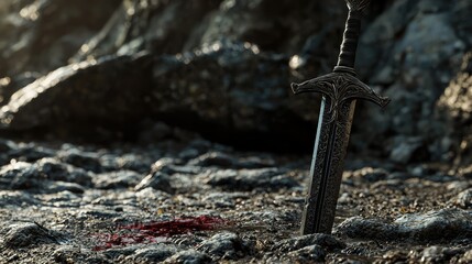 Dark Fantasy Scene with Sword Embedded in Bloodied Ground