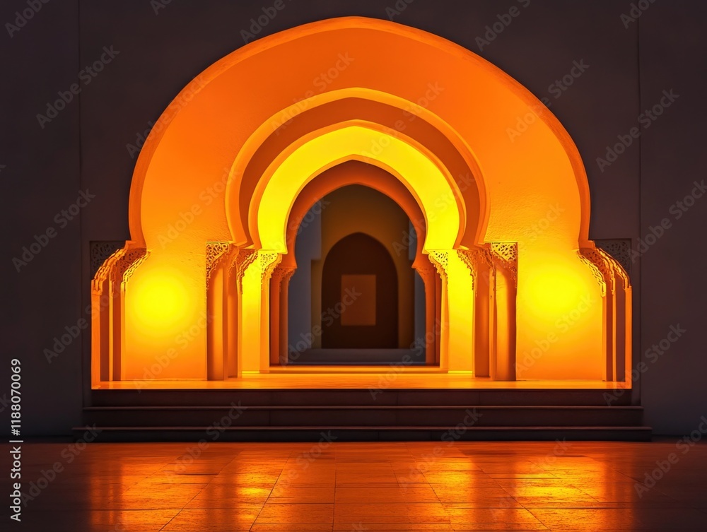 Poster the archway is lit up in yellow, creating a warm and inviting atmosphere. the light shines through t