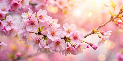 Vibrant pink cherry blossoms against a soft white background with delicate golden light filtering through , blossom garden, blooming flowers