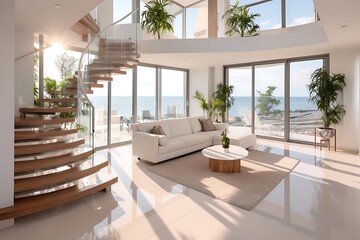 Fototapeta premium Modern Coastal Living Room with Spiral Staircase and Ocean View