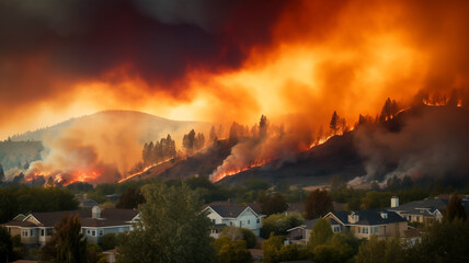 Dangerous Forest Fire Approaching Suburban Homes with Dramatic Orange Sky and Smoke Billowing Over Mountain Range During Sunset