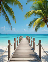 Minimalist Tropical Beach Scene with Wooden Pier and Palm Trees
