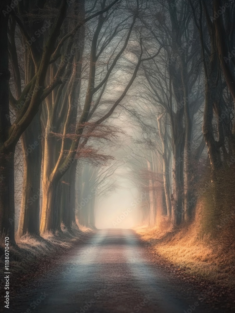 Poster road with trees on either side. the road is empty and the trees are bare