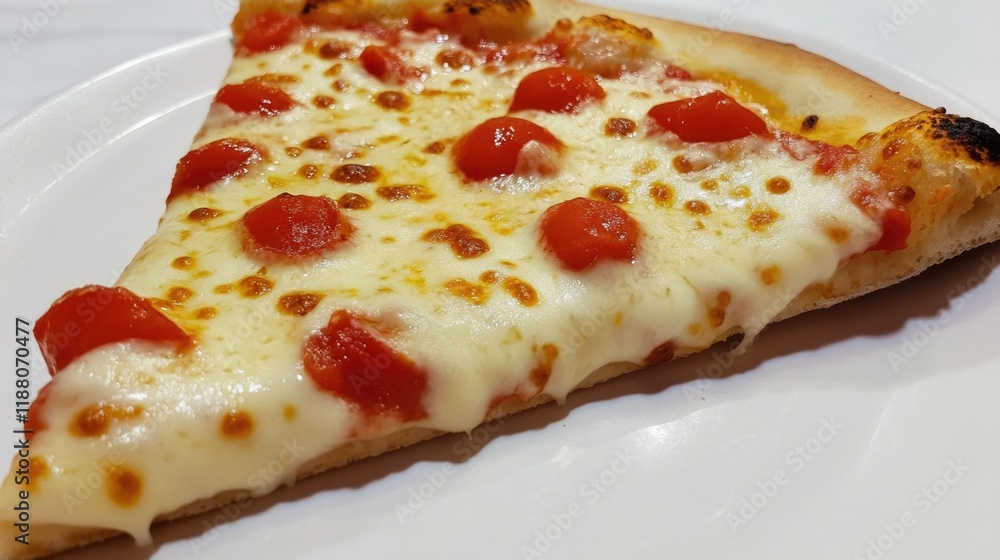 Poster slice of pizza with cheese and tomatoes on it. the slice is cut in half and is sitting on a white pl