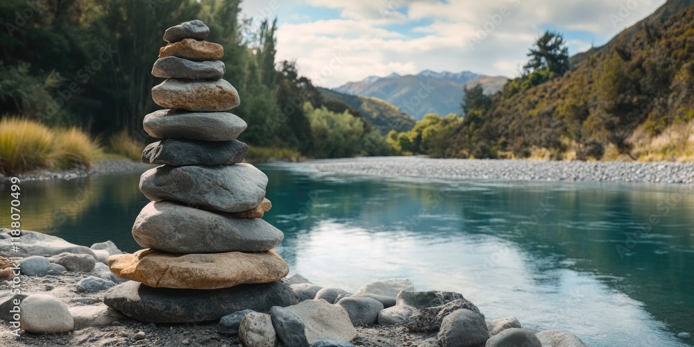 Aufkleber stack of rocks is placed on the beach next to a body of water. the scene is serene and peaceful, wit