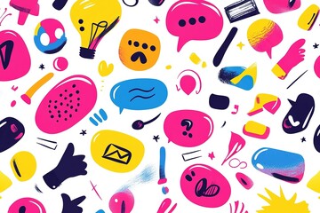 Bright seamless pattern with colorful speech bubble, words and symbols. Wallpaper for teenagers