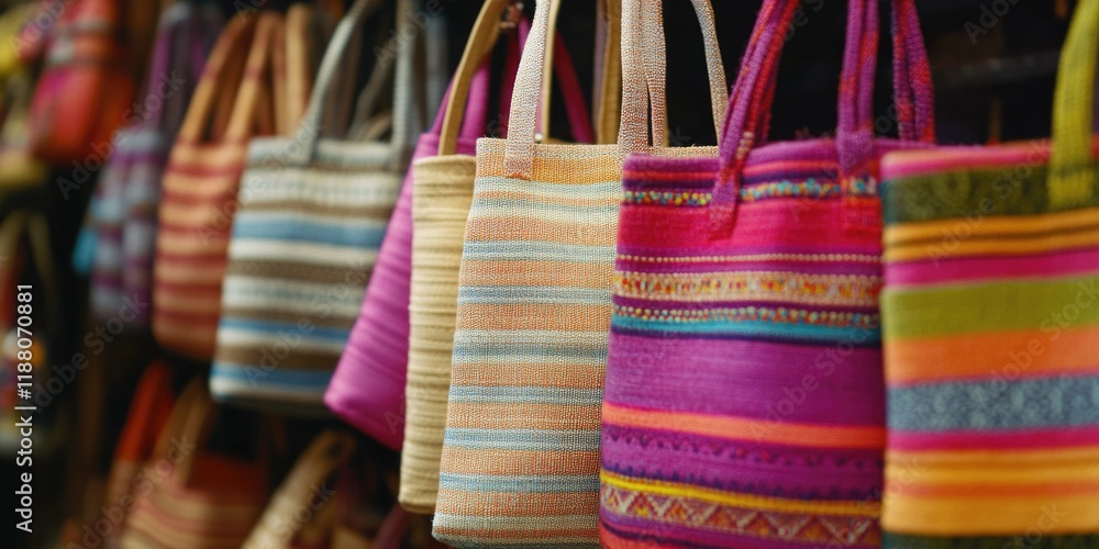 Poster row of colorful purses are hanging on a rack. the purses are of different colors and patterns, and t