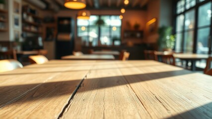Sunlight streaming through a cafe window casts a warm glow on a rustic wooden table.