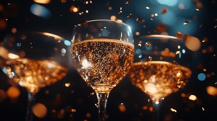 Three champagne glasses with bubbles and gold confetti.