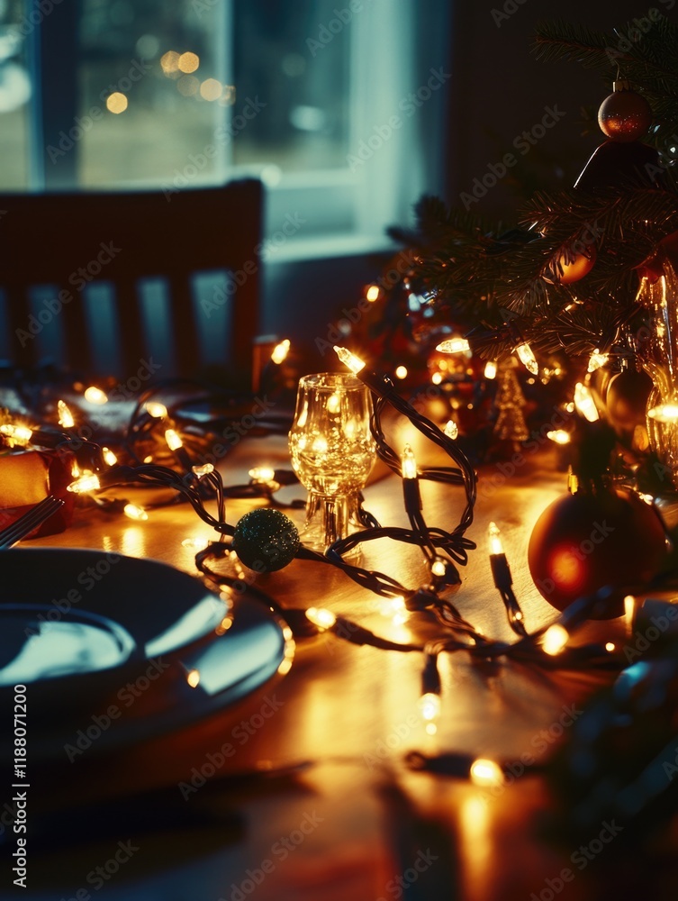 Poster table with a christmas tree and lights on it. the lights are lit up and the table is set for a meal