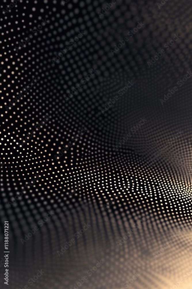 Poster black and gold image of a wave with many dots. the image has a futuristic and abstract feel to it