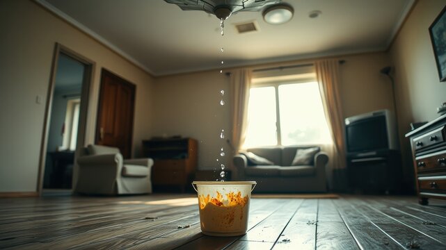 A leaky ceiling drips water into a bucket in a living room with wooden floors and a couch