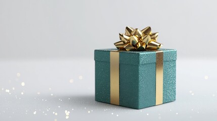 A festive green box topped with a sparkling gold bow, sitting elegantly on a seamless white background with subtle lighting.