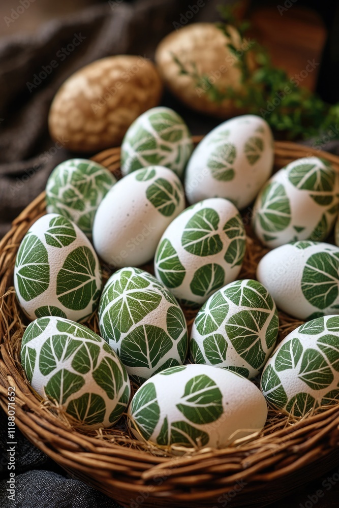 Aufkleber basket of eggs with green and white designs on them. the basket is on a table. the eggs are arranged