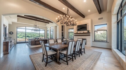 Fototapeta premium Luxurious dining room with large windows, wooden beams, chandelier, and hardwood floors.