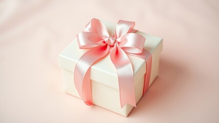 Obraz premium A Simple White Gift Box Tied with a Delicate Pink Ribbon on a Pastel Background