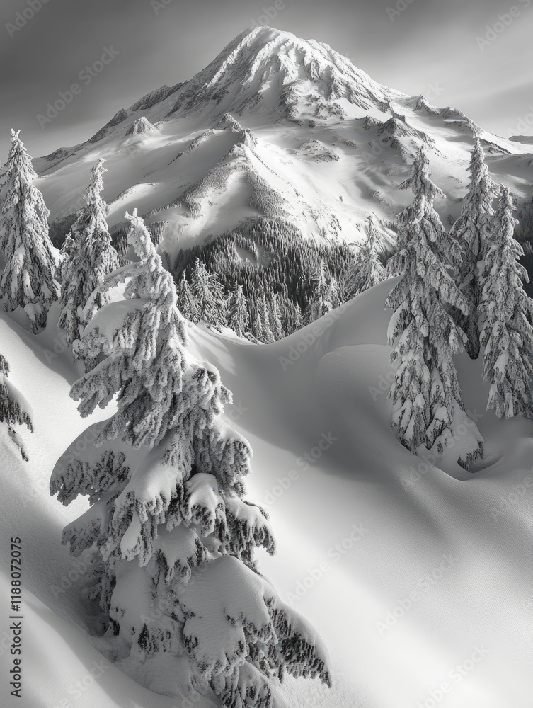 Aufkleber mountain range covered in snow with trees in the foreground. the image has a serene and peaceful moo