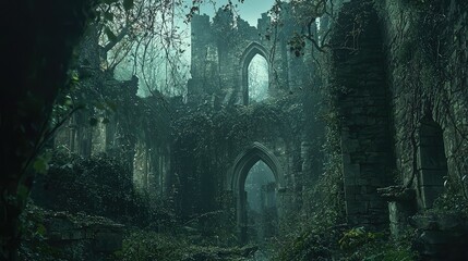 Enchanted Ruins of an Ancient Castle Surrounded by Lush Greenery
