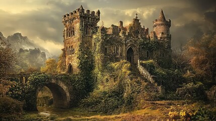Fototapeta premium Enchanted Castle Ruins Surrounded by Lush Greenery and Mountains