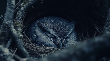 A sleeping owl nestled in a tree hollow.