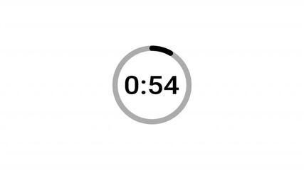 One minute countdown timer animation from 60 seconds to 0 seconds , 1 minute countdown timer on a transparent background.	
