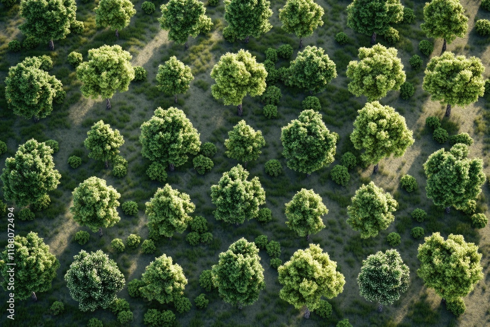 Poster lush green forest with trees of various sizes. the trees are spread out and there is a lot of green 