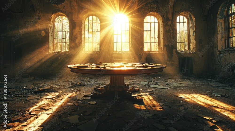 Poster Sunlight Streaming Through Windows in Abandoned Room with Table