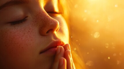 Golden Sunlight Illuminates Freckled Face In Prayer
