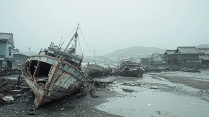 Abandoned Fishing Boats on a Foggy Shoreline After Disaster