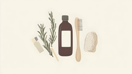 Natural wellness products flat lay; rosemary, bottle, brush, bread, matches; beige background; lifestyle blog