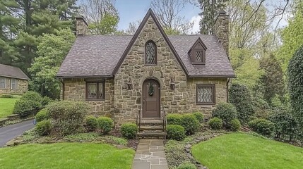 Charming stone cottage with gabled roof, arched entryway, and lush landscaping.