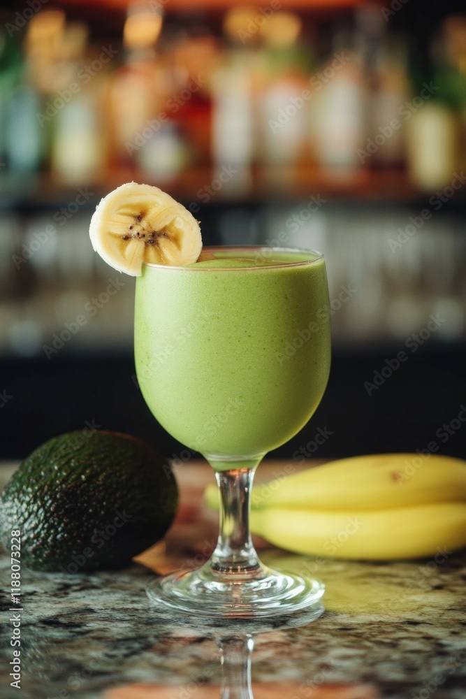 Poster glass of green smoothie with a banana slice on top. the smoothie is served in a tall glass and is pl