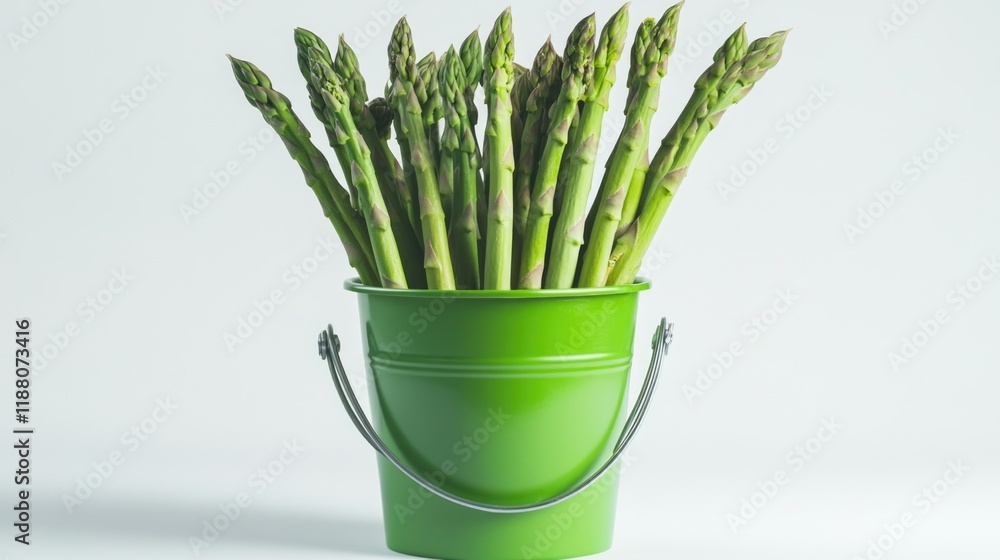 Poster green bucket filled with asparagus is placed on a white surface. the asparagus are green and are arr