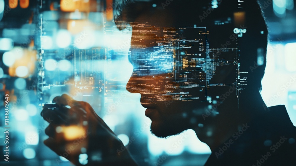 Aufkleber man interacts with digital data overlay.