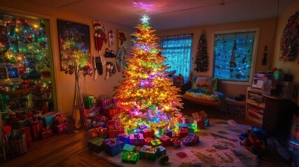 Fototapeta premium A festive living room with a Christmas tree glowing in warm lights, surrounded by a pile of colorful presents, ready for family celebrations.