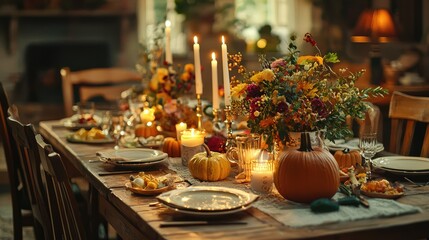 Cozy Autumn Gathering with Flowers, Pumpkins, and Candles