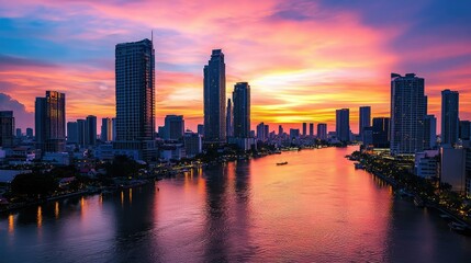 Obraz premium Stunning Sunset Over City Skyline Reflected in Calm River Waters