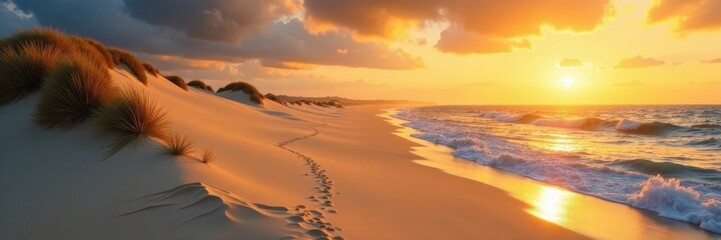 Golden hour light bathes sand dunes, ocean waves , calm, ocean