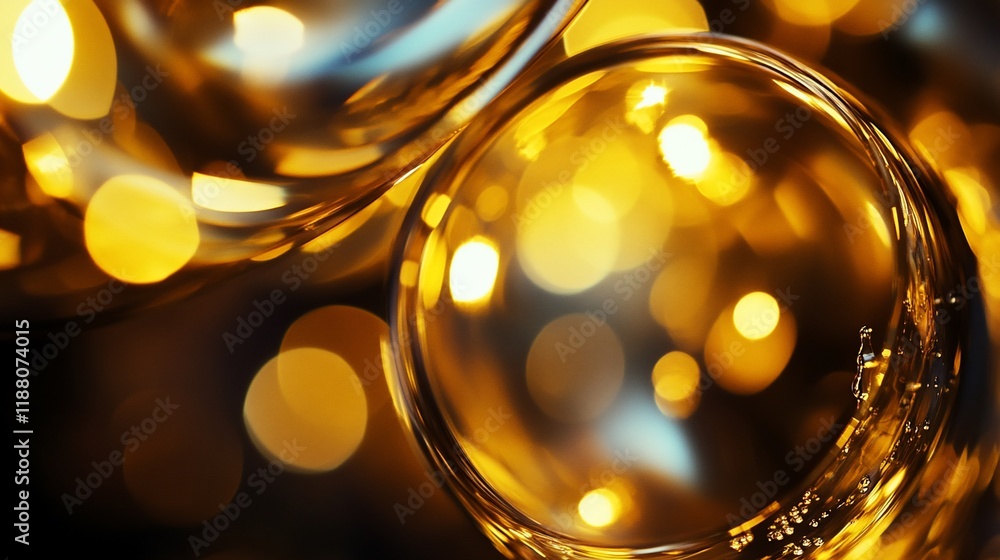 Poster close-up of sparkling golden spheres with bokeh lights.