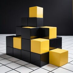Obraz premium Modern abstract design of black and yellow cubes arranged in a geometric grid, combining innovation and visual contrast.