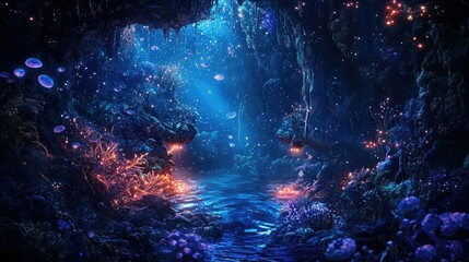 Naklejka premium Enchanting Underwater Cave with Vibrant Corals and Glowing Lights