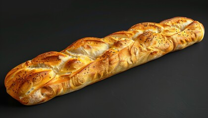 A long, golden loaf of bread with a braided pattern and black sesame seeds, on a black background.