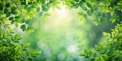 Fototapeta premium Corners with green leaves and branches in a minimalist style, with natural light filtering through, forest, tree, forest, tree