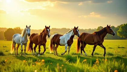 A herd of wild horses enjoys the afternoon sun in a lush green meadow , country, day, horses