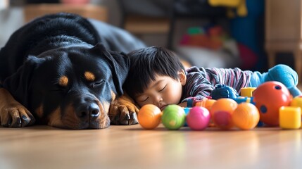 Fototapeta na wymiar Toddler and Rottweiler dog napping peacefully on floor surrounded by colorful toys.