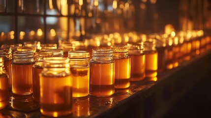 Rows of amber liquid in glass jars illuminated by warm light, creating a serene and contemplative atmosphere.